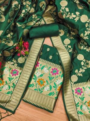 Green Soft Banarasi silk zari woven design dress material 3