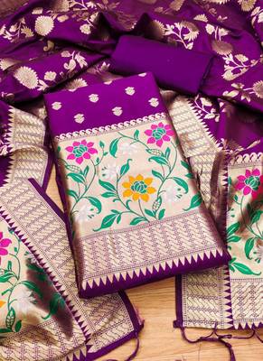 Purple Soft Banarasi silk zari woven design dress material 2