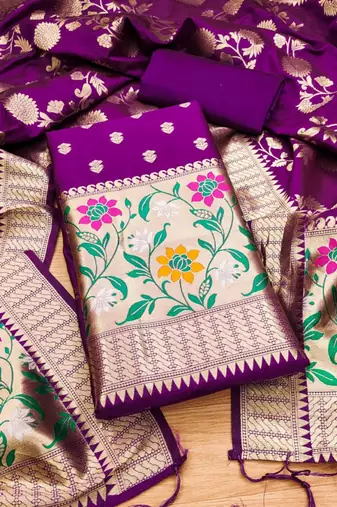Purple Soft Banarasi silk zari woven design dress material