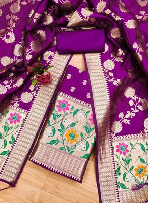 Purple Soft Banarasi silk zari woven design dress material 3