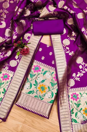 Purple Soft Banarasi silk zari woven design dress material