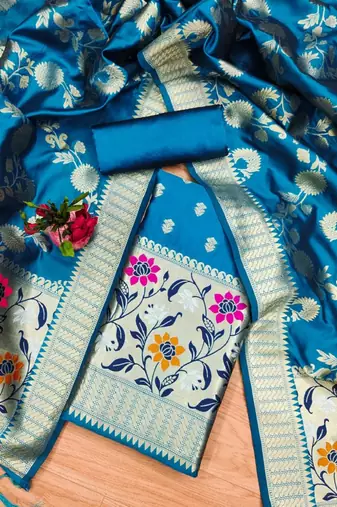 Skyblue Soft Banarasi silk zari woven design dress material