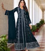 Dark navy blue color faux georgette embroidered semi stitched partywear suit