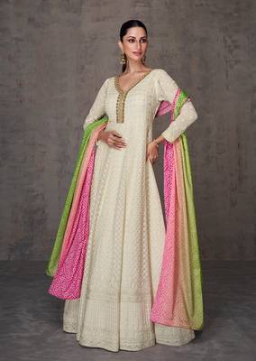 Cream color georgette embroidered designer partywear suit 1
