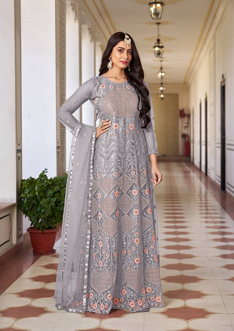 Light grey colour net embroidered semi stitched anarkali suit