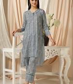 SHADES OF FAASHION muslin blue stripes print suit set.