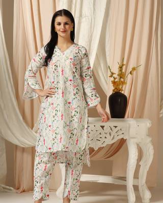 SHADES OF FAASHION Muslin white floral print suit set with lace and pearls. 1