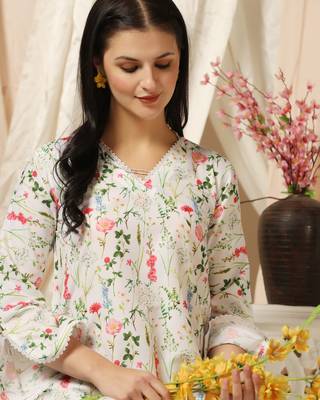 SHADES OF FAASHION Muslin white floral print suit set with lace and pearls. 5
