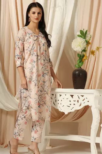 SHADES OF FAASHION Linen peach floral print suit set