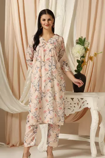 SHADES OF FAASHION Linen peach floral print suit set