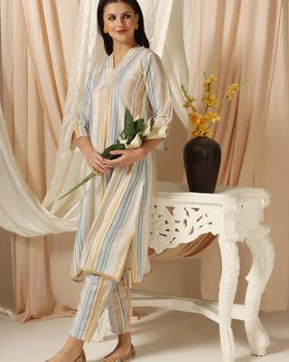 SHADES OF FAASHION Muslin yellow and blue stripes suit set 1