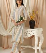 SHADES OF FAASHION Muslin yellow and blue stripes suit set