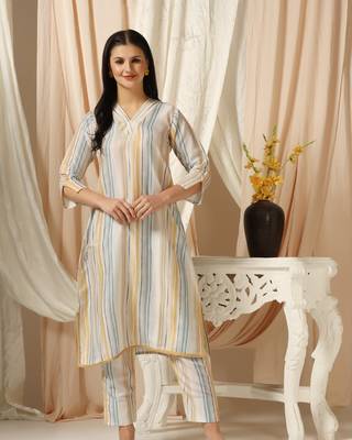 SHADES OF FAASHION Muslin yellow and blue stripes suit set 2