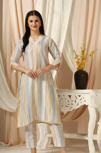 SHADES OF FAASHION Muslin yellow and blue stripes suit set