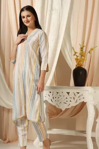 SHADES OF FAASHION Muslin yellow and blue stripes suit set
