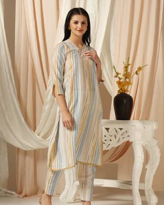SHADES OF FAASHION Muslin yellow and blue stripes suit set 4