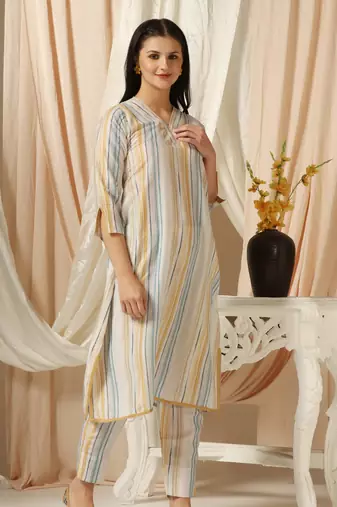SHADES OF FAASHION Muslin yellow and blue stripes suit set