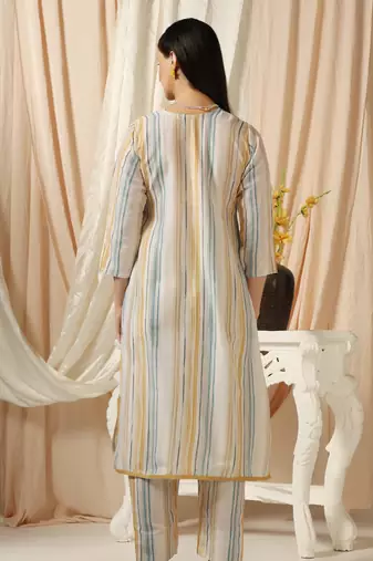 SHADES OF FAASHION Muslin yellow and blue stripes suit set