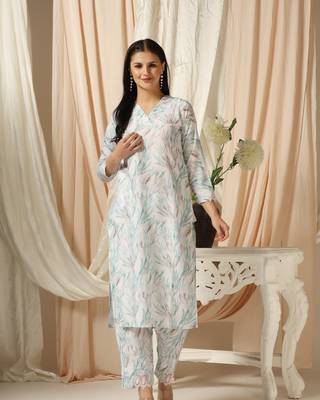 SHADES OF FAASHION Muslin white leafy printed suit set 2