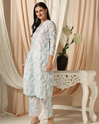 SHADES OF FAASHION Muslin white leafy printed suit set 3