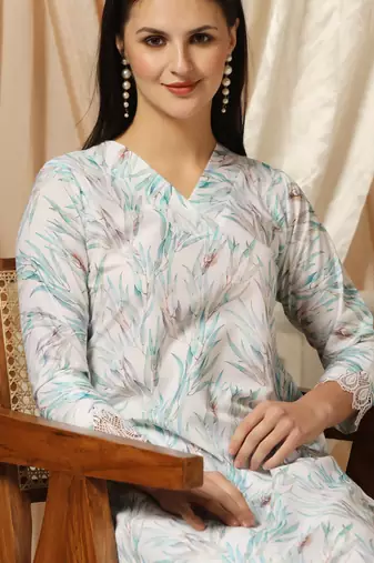 SHADES OF FAASHION Muslin white leafy printed suit set