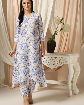 SHADES OF FAASHION Muslin White blue floral print suit set 1