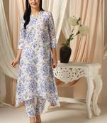 SHADES OF FAASHION Muslin White blue floral print suit set