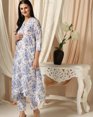 SHADES OF FAASHION Muslin White blue floral print suit set 2