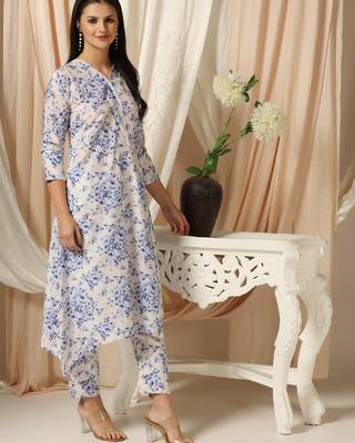 SHADES OF FAASHION Muslin White blue floral print suit set 3