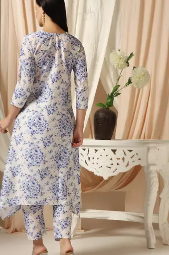 SHADES OF FAASHION Muslin White blue floral print suit set