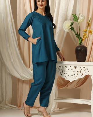 SHADES OF FAASHION Teal blue pin-tucks co-ord set 1