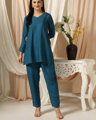 SHADES OF FAASHION Teal blue pin-tucks co-ord set 2