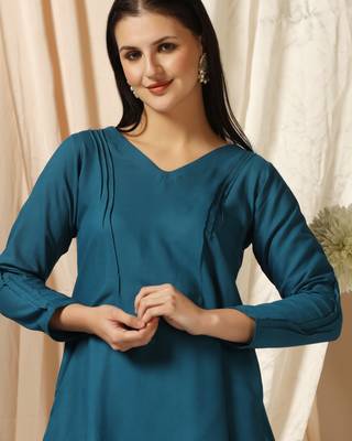 SHADES OF FAASHION Teal blue pin-tucks co-ord set 3