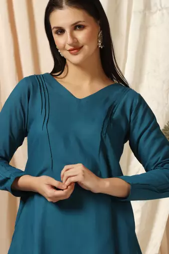 SHADES OF FAASHION Teal blue pin-tucks co-ord set