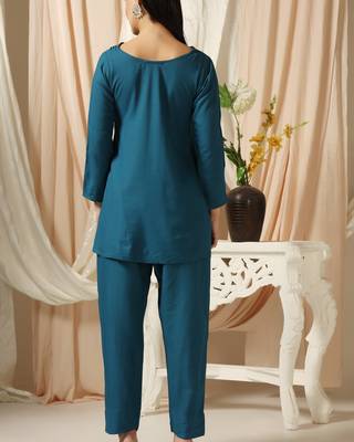 SHADES OF FAASHION Teal blue pin-tucks co-ord set 4