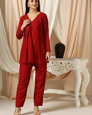 SHADES OF FAASHION Red co-ord set with wooden embellish cuffs 2