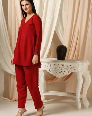 SHADES OF FAASHION Red co-ord set with wooden embellish cuffs 3
