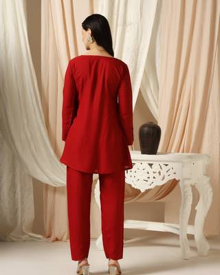 SHADES OF FAASHION Red co-ord set with wooden embellish cuffs 5