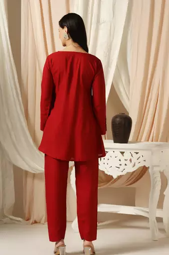 SHADES OF FAASHION Red co-ord set with wooden embellish cuffs