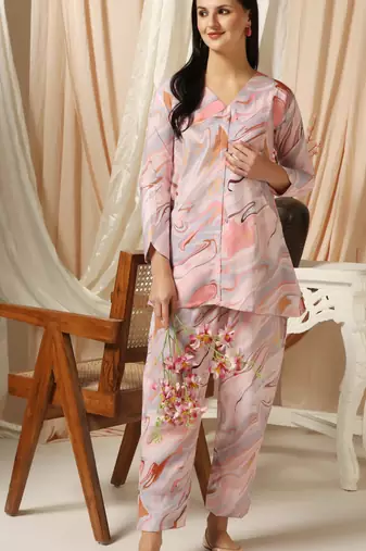 SHADES OF FAASHION  Marble print pink muslin co-ord set