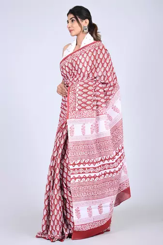 Shivanya handicrafts hand block printed women mulmul cotton sarees for women attach blouse piece sh-1641