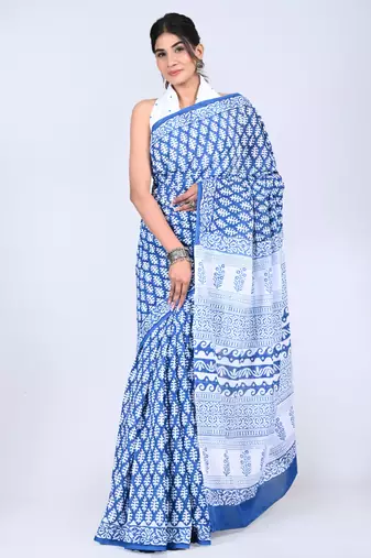 Shivanya handicrafts hand block printed women mulmul cotton sarees for women attach blouse piece sh-1642