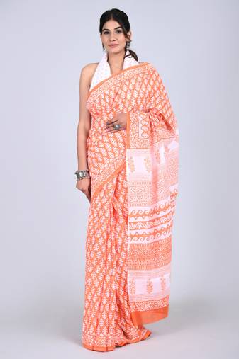 Shivanya handicrafts hand block printed women mulmul cotton sarees for women attach blouse piece sh-1644
