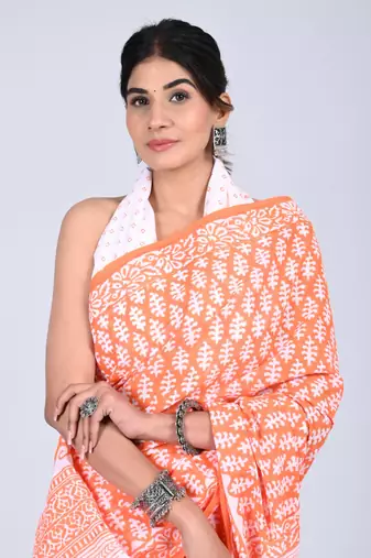 Shivanya handicrafts hand block printed women mulmul cotton sarees for women attach blouse piece sh-1644