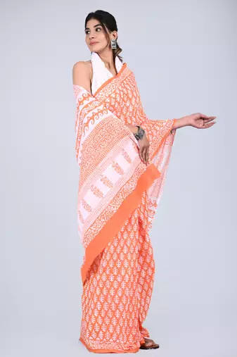 Shivanya handicrafts hand block printed women mulmul cotton sarees for women attach blouse piece sh-1644