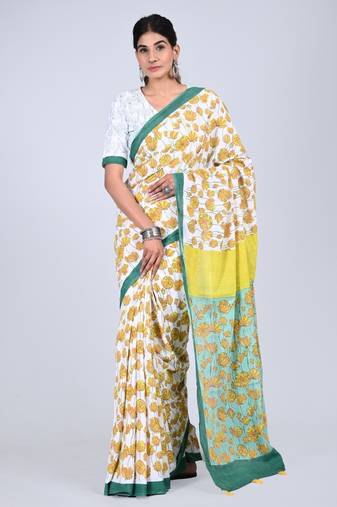 Shivanya handicrafts hand block printed women mulmul cotton sarees for women attach blouse piece sh-1645