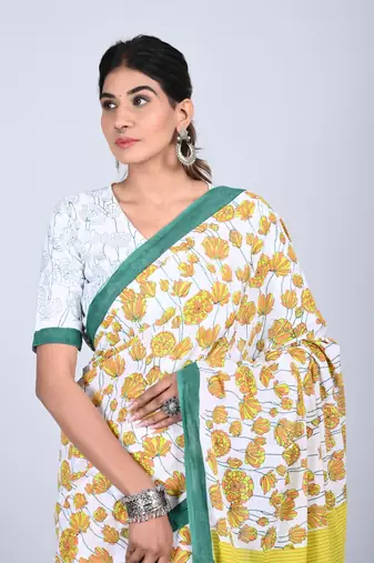Shivanya handicrafts hand block printed women mulmul cotton sarees for women attach blouse piece sh-1645