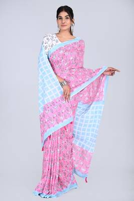 Shivanya handicrafts hand block printed women mulmul cotton sarees for women attach blouse piece sh-1646 1