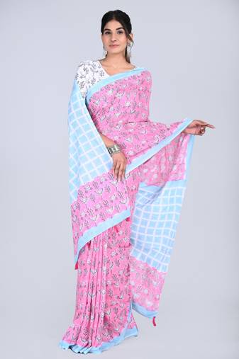 Shivanya handicrafts hand block printed women mulmul cotton sarees for women attach blouse piece sh-1646