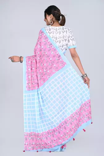 Shivanya handicrafts hand block printed women mulmul cotton sarees for women attach blouse piece sh-1646